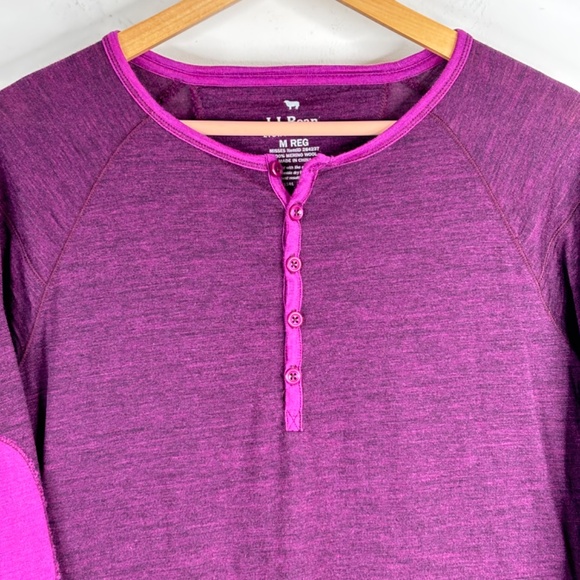 LL Bean 100% Merino Wool Base Layer M Henley Top Elbow Patch Purple Long Sleeve - Picture 2 of 9